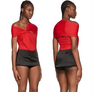 Maximilian Bright Red Nylon Disco Draped Stretchy Off Shoulder Bodysuit